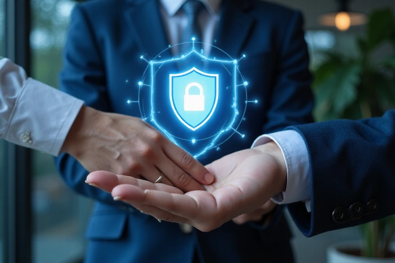 Dłoń podająca drugiemu dłoni małą ikonę tarczy, symbolizującą bezpieczne udostępnianie danych.